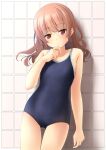  1girl against_wall ass_visible_through_thighs black_one-piece_swimsuit blunt_bangs brown_eyes brown_hair competition_school_swimsuit flat_chest hand_on_own_chin highres looking_at_viewer one-piece_swimsuit original school_swimsuit shibacha solo swimsuit thigh_gap tile_wall tiles wavy_hair 