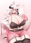  absurdres animal_ears artist_request breasts choker commission garter_straps glasses gloves highres horns huge_breasts indie_virtual_youtuber jacket licking_lips open_clothes open_jacket pleated_skirt skirt symbol-shaped_pupils tail thighhighs tongue tongue_out 