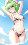  1boy 1girl :t anger_vein anisdrawn armpits arms_up ball bare_arms bare_shoulders beachball bikini black_bikini blue_sky blush breasts cloud commentary_request cowboy_shot day green_eyes green_hair highres large_breasts looking_at_viewer nose_blush one-punch_man outdoors saitama_(one-punch_man) short_hair side-tie_bikini_bottom sky standing stomach swimsuit tatsumaki thighs 
