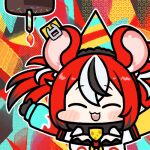  1girl animal_ears birthday_cake black_collar black_gloves black_hair cake chibi closed_mouth collar crop_top food gloves hakos_baelz hat hololive hololive_english jazz_jack long_sleeves lowres mouse_ears mouse_girl mouse_tail multicolored_hair open_mouth party_hat red_hair sharp_teeth shirt single_glove smile solo spiked_collar spikes streaked_hair tail teeth twintails virtual_youtuber white_hair white_shirt 