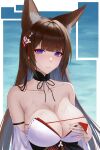  absurdres amagi_(azur_lane) amagi_(wending_waters_serene_lotus)_(azur_lane) animal_ear_fluff animal_ears azur_lane bare_shoulders bikini blunt_bangs breasts cleavage collarbone covering_breasts covering_privates detached_collar detached_sleeves fox_ears fox_girl frozen-sad highres kitsune large_breasts long_hair looking_at_viewer official_alternate_costume purple_eyes swimsuit thick_eyebrows upper_body wet white_bikini 