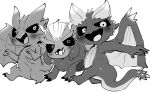  black_sclera blush capcom chibi claws doneru elder_dragon fangs feral fur greyscale group hi_res horn kushala_daora looking_at_viewer male monochrome monster_hunter nergigante scales simple_background smile spiked_tail spikes spikes_(anatomy) teeth teostra trio tusks white_background wings 