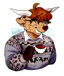  2_horns ambiguous_gender anthro beverage bovid bovine brown_hair cattle clothed clothing container cup eyewear fluffy glasses hair highland_cattle horn liechi mammal martin_blackwood smile solo speckled_body sweater tea tea_cup the_magnus_archives topwear 