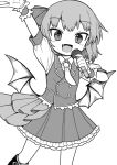 1girl arm_up bat_wings blush collared_shirt fang greyscale highres holding holding_microphone looking_at_viewer microphone monochrome necktie oninamako open_mouth remilia_scarlet shirt short_hair slit_pupils smile solo touhou wings 