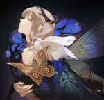  1boy ask_(askzy) black_background blue_eyes bug butterfly butterfly_wings crown dragonfly_wings fate/grand_order fate_(series) grey_hair insect_wings male_focus moth oberon_(fate) solo wings 