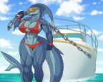  abs absurd_res anthro big_breasts bikini boat breasts chain cleavage clothed clothing eyewear female fin fish hi_res huge_breasts katanasmirk lifeguard lifeguard_swimsuit marine muscular muscular_female scar sea shark sheila_(katanasmirk) sky smile solo sunglasses swimwear teeth vehicle water watercraft 