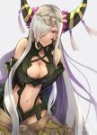  1girl asymmetrical_horns bare_shoulders breasts cleavage dragon_girl fire_emblem fire_emblem_engage hair_ornament hair_over_one_eye highres horns large_breasts long_hair mature_female pointy_ears purple_eyes smile solo tan tassel tassel_hair_ornament very_long_hair white_hair yachimata_1205 zelestia_(fire_emblem) 