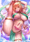  1girl arabian_clothes areola_slip arms_up bangle blonde_hair bracelet breasts cleavage elf flower green_eyes hair_flower hair_ornament harem_outfit highres holding_own_leg jewelry kuro_(tbm9187) large_breasts navel original parted_lips pelvic_curtain pointy_ears pubic_tattoo revealing_clothes solo split standing standing_on_one_leg standing_split stomach tattoo thong underboob wading water 