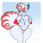  2023 alolan_form alolan_vulpix anthro areola areola_piercing armwear big_breasts blue_areola blue_nipples blue_sclera blush bodily_fluids breast_grab breast_milking breasts clothing digital_media_(artwork) ear_piercing elbow_gloves eyebrows eyelashes fan_character female fluffy fluffy_tail fur genitals gloves grabbing_own_breast hair hand_on_breast handwear hi_res holding_breast huge_breasts lactating legwear mintyspirit motion_lines multicolor_tail multicolored_hair nintendo nipple_piercing nipples open_mouth piercing pokemon pokemon_(species) pussy red_body red_clothing red_fur red_gloves red_handwear regional_form_(pokemon) revealing_clothes shaking shaking_hips short_stack simple_background smile solo tail tattoo thigh_clothin thigh_highs tongue tongue_piercing white_body white_eyes white_fur 