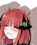  1girl after_fellatio black_ribbon blunt_bangs blush brown_background butterfly_hair_ornament close-up closed_eyes cum cum_in_mouth cum_string facial go-toubun_no_hanayome hair_ornament hair_ribbon highres mame1645 multicolored_background nakano_nino red_hair ribbon short_hair simple_background trembling white_background 