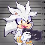  1boy animal_ears animal_nose artist_name barbie_mugshot_(meme) body_fur bracelet character_name english_commentary furry furry_male gloves gold_bracelet grey_fur hand_up hedgehog hedgehog_ears hedgehog_tail highres holding jewelry looking_at_viewer lou_lubally male_focus meme open_mouth parody shadow silver_the_hedgehog smile solo sonic_(series) standing tail teeth tongue watermark white_gloves yellow_eyes 
