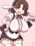  1girl alternate_costume ama_usa_an_uniform animal_ears apron artist_logo black_hairband blush breasts brown_eyes brown_hair center_frills chiyoda_(kancolle) cosplay cowboy_shot cross_tie fake_animal_ears fleur_de_lapin_uniform floppy_ears frilled_apron frilled_cuffs frilled_hairband frilled_shirt frills gradient_background hairband kanon_(kurogane_knights) kantai_collection kirima_syaro kirima_syaro_(cosplay) large_breasts lolita_hairband looking_at_viewer one-hour_drawing_challenge open_mouth pink_background puffy_short_sleeves puffy_sleeves rabbit_ears shirt short_hair short_sleeves smile solo thighhighs tray waist_apron waitress white_apron white_thighhighs wrist_cuffs 