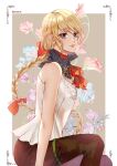  1girl ascot bare_arms bare_shoulders black_leggings blonde_hair blue_eyes boots border braid breasts brown_background closed_mouth cowboy_shot english_commentary etroveria final_fantasy final_fantasy_xvi floral_background hair_between_eyes hair_ribbon highres leggings light_smile long_hair looking_at_viewer medium_breasts midadol_telamon multi-tied_hair red_ascot red_ribbon ribbon shirt single_braid sleeveless sleeveless_shirt solo swept_bangs thigh_boots twitter_username very_long_hair white_border white_shirt 