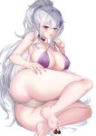  1girl absurdres ass azur_lane barefoot bikini black_choker blush breasts candy chocolate choker collarbone deogho_(liujinzy9854) feet food grey_hair hair_between_eyes heart heart-shaped_chocolate highres large_breasts long_hair looking_at_viewer mismatched_bikini multicolored_hair ponytail purple_bikini purple_eyes purple_hair sidelocks simple_background smile soles solo streaked_hair swimsuit thighs toes tongue tongue_out two-tone_hair unzen_(azur_lane) very_long_hair white_background white_bikini 