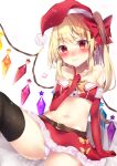  1girl :&gt; alternate_costume bare_shoulders belt black_thighhighs blush bow breasts chisiro_unya_(unya_draw) crystal elbow_gloves flandre_scarlet gloves hair_bow hat heart highres looking_at_viewer one_side_up petite santa_costume simple_background small_breasts solo star_(symbol) thighhighs touhou upskirt wings 