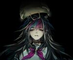  1girl 1other bag barbed_wire black_background black_hair black_sailor_collar blue_hair closed_eyes danganronpa_(series) danganronpa_2:_goodbye_despair ear_piercing facing_viewer grey_shirt hair_horns highres long_hair mioda_ibuki mouth_piercing multicolored_hair neckerchief piercing pink_hair pink_neckerchief sailor_collar shirt short_sleeves simple_background solo_focus spike_piercing spoilers white_hair yochilyee 