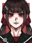  1girl black_sailor_collar blunt_bangs brown_hair danganronpa_(series) danganronpa_v3:_killing_harmony flower_ornament hair_ornament hair_scrunchie hairclip harukawa_maki long_hair looking_at_viewer low_twintails mole mole_under_eye red_background red_eyes red_scrunchie red_shirt sailor_collar sake_daikon scrunchie shirt solo twintails white_background 