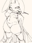  3:4 anthro belly black_and_white breasts cape clothing eye_scar facial_scar female genitals hi_res lagomorph leporid long_ears mammal medium_breasts monochrome navel nipples nude one_eye_closed pear-shaped_figure pussy qadyx rabbit scar sketch slightly_chubby solo thick_thighs wide_hips 