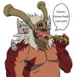  anthro armor armpit_hair body_hair clothed clothing dragon drum&#039;s_father eating eating_food english_text fangs food hair headgear helmet horn male pecs pizza rossciaco scalie scar simple_background solo spikes teeth text topless white_background white_hair 
