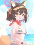  1girl :d absurdres animal_ear_fluff animal_ears beach bead_bracelet beads bikini black_hair blue_archive blue_sky blurry bracelet breasts cleavage cloud cloudy_sky commentary_request denim denim_shorts depth_of_field eyeshadow fox_ears fox_girl fox_tail hair_between_eyes halo highres horizon izuna_(blue_archive) izuna_(swimsuit)_(blue_archive) jewelry lk149 looking_at_viewer makeup medium_breasts medium_hair navel ocean official_alternate_costume one_side_up outdoors own_hands_together red_eyeshadow red_scarf scarf scrunchie shorts sidelocks sky sleeveless smile solo stomach striped striped_bikini swimsuit tail visor_cap wrist_scrunchie yellow_eyes 