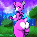  anthro bear big_breasts big_butt bottle breasts butt clothing container cuddle_team_leader epic_games eyelashes female fortnite fur gloves glowing handwear hi_res liquid looking_at_viewer looking_back mammal pink_body pink_fur purple_eyes rear_view retr0foxx shield_potion solo thick_thighs tongue tongue_out white_body white_fur wide_hips 