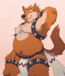  2023 anthro armpit_hair belly body_hair bottomwear canid canine cheeto_(darkgem) clothing fur harness hi_res legband loincloth looking_at_viewer male mammal multicolored_body multicolored_fur orange_body orange_fur overweight overweight_anthro overweight_male pinup pose raised_arm simple_background skaifox solo spiked_harness spiked_legband spikes tail two_tone_body two_tone_fur 