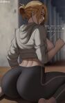  1girl annie_leonhardt artist_name ass ass_focus black_hair blonde_hair blue_eyes blurry blurry_background blush breasts cropped_hoodie english_text from_behind highres hood hoodie large_breasts looking_at_viewer looking_back oroborus pants shingeki_no_kyojin short_hair solo 