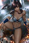  1girl abs arm_support armband armlet avatar_legends blue_bra blue_eyes blue_panties boots bra breasts brown_footwear brown_hair collarbone dark-skinned_female dark_skin element_bending english_commentary fire floating_rock hair_tubes korra large_breasts long_hair mixed-language_commentary navel neoartcore paid_reward_available panties patreon_username ponytail sitting solo strap_slip thai_commentary the_legend_of_korra underwear wind 