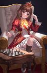  1girl anklet black_socks blush board_game bow bowtie breasts brown_hair chair chess chess_piece chessboard crossed_legs crown dress dress_bow dress_shoes earrings easy_chair english_commentary frilled_dress frilled_sleeves frills full_body highres holding_chess_piece jewelry long_hair long_sleeves looking_down medium_breasts on_chair original parted_lips red_dress red_eyes ring sitting socks solo syu_bit wavy_hair yellow_bow yellow_bowtie 