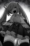  1girl arms_at_sides backlighting boots breasts commentary_request cowboy_shot crazy_smile detached_sleeves empty_eyes english_text from_below greyscale hair_ornament hair_over_one_eye half-closed_eyes hatsune_miku head_tilt highres kotoko0 language_request long_bangs long_hair looking_at_viewer looking_down miniskirt mixed-language_text monochrome necktie open_mouth panties pantyshot pleated_skirt raised_eyebrows sanpaku shirt skirt sleeveless sleeveless_shirt small_breasts solo standing thigh_boots tie_clip translation_request twintails twitter_username uminaoshi_(vocaloid) underwear uterus vocaloid watermark 