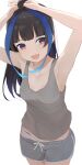  1girl :d ahoge armpits arms_up blue_hair breasts cleavage collarbone fang grey_shorts grey_tank_top highres hiroki_(yyqw7151) kanojo_okarishimasu long_hair looking_at_viewer medium_breasts multicolored_hair open_mouth panties panties_under_shorts shorts simple_background skin_fang smile solo tank_top two-tone_hair underwear white_background white_panties yaemori_mini 