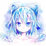  1girl asameshi blue_background blue_bow blue_eyes blue_hair bow bright_pupils cirno cropped_torso detached_wings ice ice_wings looking_at_viewer medium_hair nude solo touhou upper_body white_background wings 