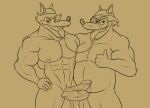  anthro balls bodily_fluids brother brothers canid canine canis clothing disney ducktales ducktales_(2017) duo eyewear genital_fluids genitals gesture glasses hack_smashnikov hand_behind_back headgear headwear incest_(lore) looking_at_viewer male male/male mammal muscular muscular_male nude overweight penis penises_crossing precum precum_on_penis sharp_teeth sibling slash_smashnikov slightly_chubby teeth the_purple_wolf_guy thumbs_up tongue wolf 