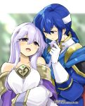  1boy 1girl bare_shoulders blue_eyes blue_hair blurry blurry_background breasts brother_and_sister circlet dress fire_emblem fire_emblem:_genealogy_of_the_holy_war headband holding_another&#039;s_hair julia_(fire_emblem) open_mouth ponytail purple_eyes purple_hair seliph_(fire_emblem) siblings smile white_headband wide_sleeves yukia_(firstaid0) 