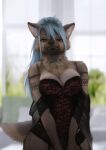  2023 absurd_res anthro black_nose blue_hair blurred_background breasts brown_body brown_fur cheek_tuft clothing corset digital_media_(artwork) eyebrows eyelashes facial_tuft fangs female fluffy front_view fur fur_markings garter_straps hair hi_res hyena inner_ear_fluff jasmine_(riley) lingerie long_hair looking_at_viewer mammal markings narrowed_eyes neck_tuft open_mouth panties signature solo spots spotted_body spotted_fur spotted_hyena standing stockinger teeth topwear translucent translucent_clothing tuft underwear 
