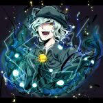  1boy cape collared_shirt colored_eyelashes edmond_dantes_(fate) electricity fate/grand_order fate_(series) fedora grey_background grey_cape grey_hair hair_over_one_eye hat jewelry letterboxed male_focus pendant shinonome_kia shirt short_hair signature solo teeth wavy_hair yellow_eyes 