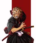  1boy animal_ears black_eyes body_fur brown_fur claws colored_sclera fangs furry furry_male hakama hakama_skirt highres japanese_clothes katana lion_boy lion_ears llishifu long_sleeves male_focus mane open_mouth original red_background red_pupils simple_background skirt solo standing sword upper_body weapon wide_sleeves yellow_sclera 