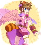  1boy ahoge alternate_color angel angel_wings animal_ears ass bike_shorts blue_eyes blush_stickers brown_hair commentary_request kid_icarus kid_icarus_uprising male_focus mario_(series) nopepe open_mouth pit_(kid_icarus) raccoon_ears raccoon_tail scarf solo super_leaf_(transformation) super_smash_bros. tail wings 