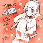  1girl =3 blunt_bangs blush braid brigette_(pokemon) brigette_(pokemon)_(cosplay) closed_mouth cosplay cowboy_shot dress eyelashes hand_on_own_hip hand_up highres jacket kinocopro lillie_(pokemon) long_hair long_sleeves looking_at_viewer milestone_celebration open_clothes open_jacket orange_background pokemon pokemon_(game) pokemon_bank pokemon_sm ponytail short_dress smile solo sparkle sweater sweater_dress thank_you 