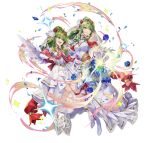  2girls attack bare_shoulders blue_flower bouquet breasts bridal_legwear bridal_veil choker dragonstone dress feather-trimmed_dress feather_trim fire_emblem fire_emblem:_mystery_of_the_emblem fire_emblem_awakening fire_emblem_heroes flower glowing green_eyes green_hair high_heels high_ponytail holding holding_bouquet medium_breasts multiple_girls official_alternate_costume official_art pointy_ears ponytail red_scarf scarf smile sparkle teeth tiara tiki_(adult)_(fire_emblem) tiki_(fire_emblem) tiki_(young)_(fire_emblem) veil white_background white_choker white_dress white_footwear 