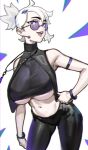  1girl bare_shoulders black_pants blue_eyes breasts commentary crop_top hand_on_own_hip highres large_breasts looking_at_viewer navel nero_(neroartbox) open_mouth original pants short_hair short_ponytail simple_background sleeveless smile solo spiked_hair standing stomach sunglasses turtleneck underboob white_background white_hair wristband 