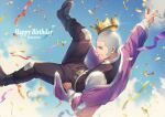  1boy belt black_vest blue_sky blush buzz_cut coin confetti crown day facial_hair foxvulpine full-face_blush goatee gold_coin golden_kamuy grey_hair hand_in_pocket happy_birthday jacket long_sideburns looking_at_viewer male_focus midair outstretched_arm purple_jacket shiraishi_yoshitake shirt short_hair sideburns sideways_glance sky smile solo spread_legs v very_short_hair vest white_shirt 