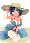 1girl alternate_costume beach bikini blue_bikini blue_eyes blue_hair boh_stick breasts day delicious_party_precure fuwa_kokone hair_ornament hairclip hat highres jewelry medium_breasts necklace precure sand sarong short_hair smile solo straw_hat swimsuit 