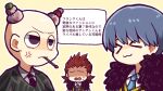  &gt;_&lt; 3boys anger_vein bald black_jacket black_necktie black_vest blue_hair blue_necktie closed_eyes closed_mouth commentary_request employee_(lobotomy_corporation) fur-trimmed_jacket fur_trim grey_shirt half-closed_eyes hatake_shimeji jacket lobotomy_corporation male_focus multiple_boys necktie open_mouth outline project_moon red_hair shaded_face shirt short_hair simple_background smile sweat translation_request vest white_outline yellow_background 