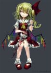  1girl ascot blonde_hair blood blood_on_hands blood_on_leg closed_eyes closed_mouth collared_shirt commentary_request crystal dated flandre_scarlet frilled_shirt_collar frilled_skirt frills full_body grey_background hair_between_eyes hair_ribbon holding holding_sword holding_weapon impaled lastdark long_bangs long_hair mary_janes no_headwear one_side_up pigeon-toed puffy_short_sleeves puffy_sleeves rainbow_order red_footwear red_ribbon red_skirt red_vest ribbon self-harm shirt shoes short_sleeves simple_background skirt skirt_set skull smile socks solo sword touhou twitter_username vest weapon white_shirt white_socks wings yellow_ascot 