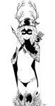  1girl absurdres adventure_time arrow_(projectile) black_panties black_thighhighs breasts cape cowboy_shot greyscale hair_branch hat highres holding holding_arrow huntress_wizard leaf looking_at_viewer ltstry medium_breasts monochrome navel nipples no_bra panties parted_lips plant_hair quiver signature simple_background solo thighhighs underwear white_background 
