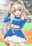  1girl amatsukaze_(kancolle) animal_ears arm_warmers baseball_stadium belt blurry blurry_background blush cocoperino confetti crop_top fake_animal_ears fake_tail fang fox_shadow_puppet grey_hair hair_between_eyes highres kantai_collection layered_skirt long_hair looking_at_viewer open_mouth skin_fang skirt solo tail two_side_up very_long_hair white_belt 