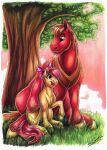  2023 absurd_res accessory apple_bloom_(mlp) big_macintosh_(mlp) blonde_hair bow_ribbon earth_pony equid equine friendship_is_magic fur green_eyes hair hair_accessory hair_bow hair_ribbon hasbro hi_res horse lupiarts mammal my_little_pony plant pony red_body red_fur ribbons sitting tree yellow_body yellow_fur yoke 