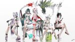 5girls absurdres amiya_(arknights) animal_ear_fluff animal_ears arknights bead_bracelet beads between_legs bikini black_bikini black_gloves black_hair bracelet braid breasts cameo cat_ears cat_girl chair cleavage crossed_legs cyrillic demon_horns dragon_girl dragon_horns dusk_(arknights) english_text extra_ears flame-tipped_tail gloves green_bikini green_eyes green_footwear grey_hair hair_ornament hairclip hand_between_legs highres horns ines_(arknights) jewelry kal&#039;tsit_(arknights) large_breasts leg_tattoo lin_(arknights) long_hair looking_at_viewer mackia medium_breasts mouse_ears mouse_girl multicolored_hair multiple_girls navel nian_(arknights) o-ring o-ring_bikini pink_eyes pointy_ears ponytail purple_eyes red_bikini red_eyes ring sandals scabbard sheath short_hair siblings simple_background sisters sitting stool streaked_hair swimsuit sword tail_around_another&#039;s_leg tattoo two-tone_bikini weapon white_background white_hair yellow_eyes 