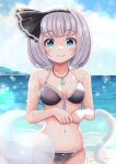  absurdres alternate_costume bare_shoulders beach bikini black_bikini black_hairband blush bow breasts closed_mouth feet_out_of_frame glaring green_eyes grey_hair grin hairband hands_on_own_stomach hands_up highres hill jewelry konpaku_youmu konpaku_youmu_(ghost) looking_at_viewer navel necklace ocean reimei_(r758120518) shore short_hair smile standing stomach swimsuit tareme touhou two-tone_bikini water 